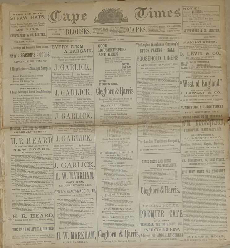 Cape Times Newspaper (Anglo-Boer-War). Monday, 12 Aug. 1900