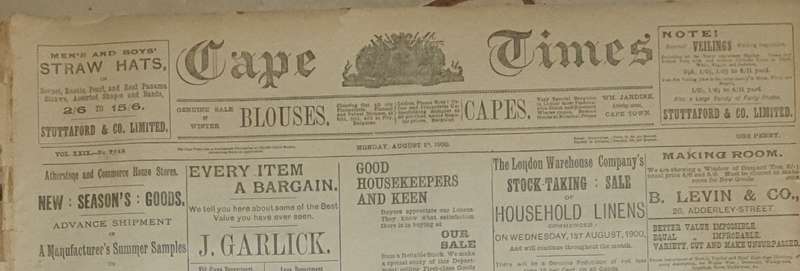Cape Times Newspaper (Anglo-Boer-War). Monday, 12 Aug. 1900