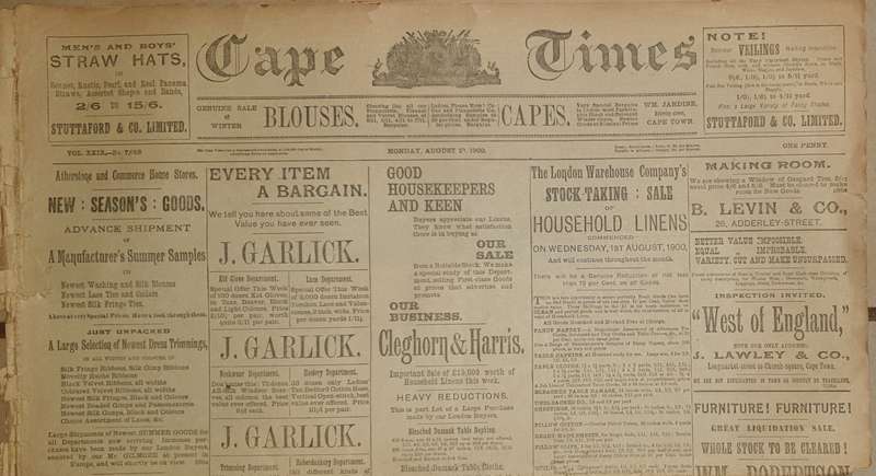 Cape Times Newspaper (Anglo-Boer-War). Monday, 12 Aug. 1900