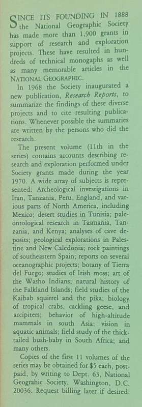 National Geographic Society RESEARCH REPORTS 1970 PROJECTS