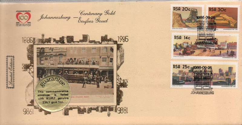1986 Scarce limited edition commemorative JHB-Centenary Cover (real gold) in perfect CTO-condition