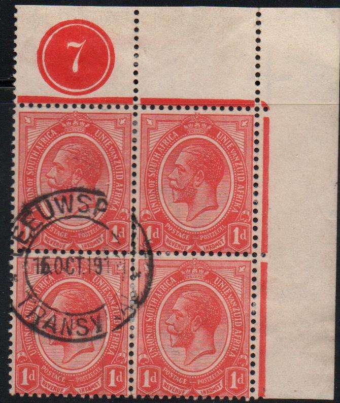 1913-24 - Union KGV Definitive 1d control block in scarce VFU-condition