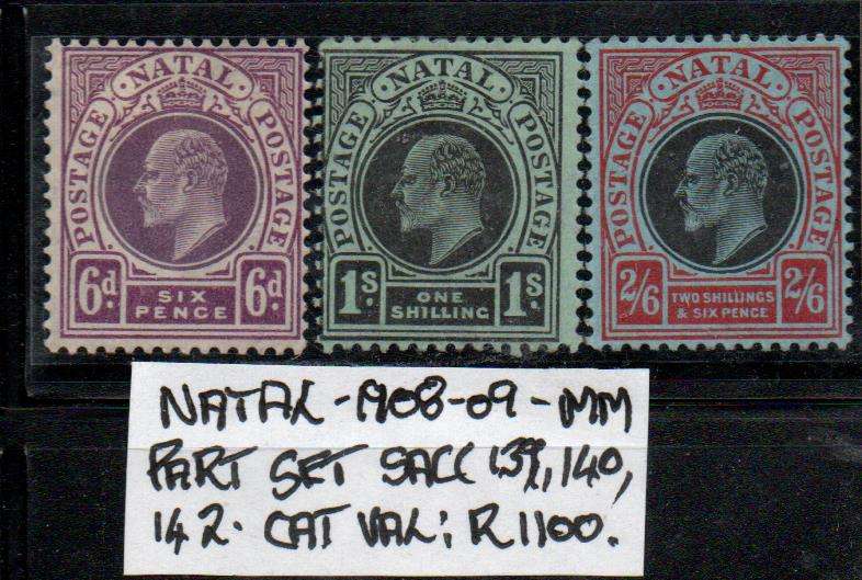 Natal 1908-09 part set of KE VII definitives in MM-condition