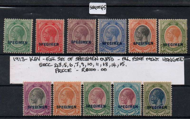 1913-24 Union KGV Definitive - Full set of 11 with SPECIMEN OVPT's in MM-condition