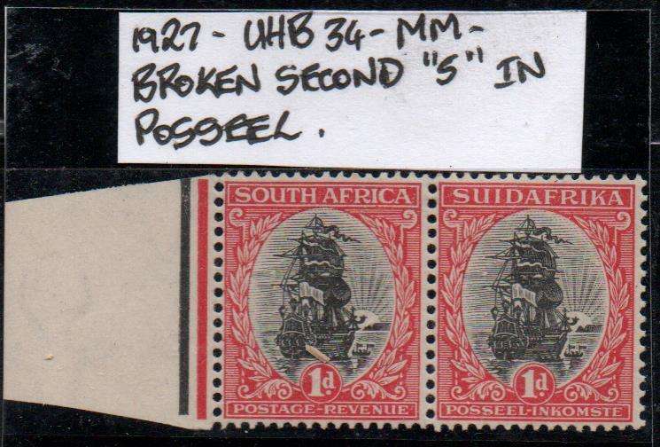 1927 Union Pretoria Printing 1d pair with variety in MM-condition