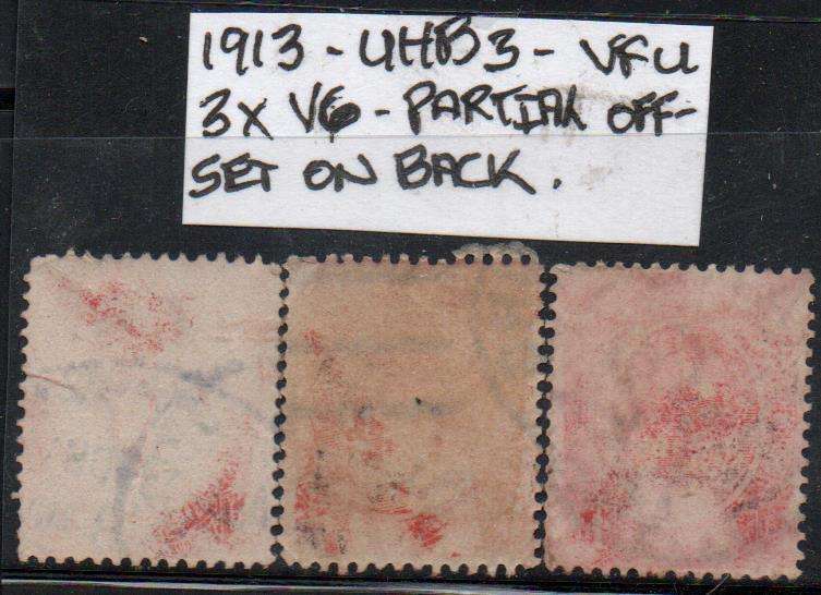1913 Union KGV Definitive 3 x 1d-singles with listed variety in VFU-condition