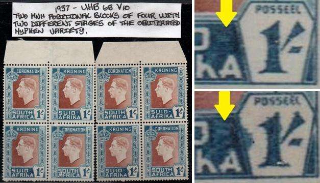 1937 Union KGVI Coronation 2 x 1s-marginal blocks of four with listed variety in MNH-condition