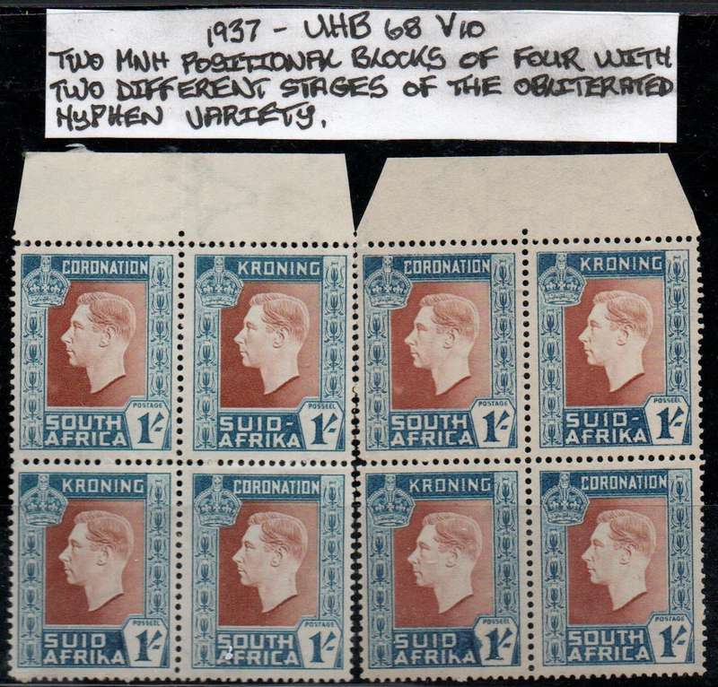 1937 Union KGVI Coronation 2 x 1s-marginal blocks of four with listed variety in MNH-condition