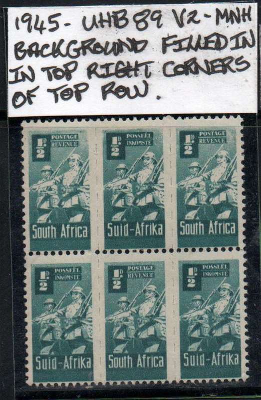 1945 Union Small War Commemorative 1/2d-block with scarce listed variety in MNH-condition
