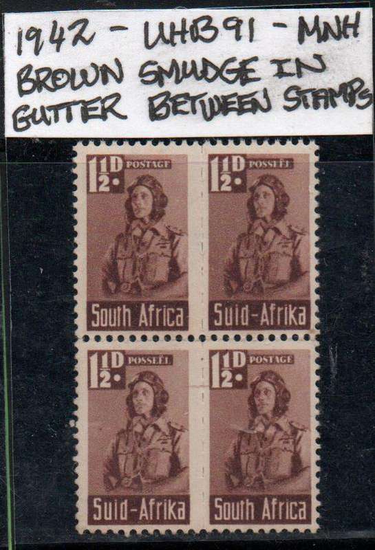 1942 Union Small War Commemorative 1 1/2d-block with scarce variety in MNH-condition