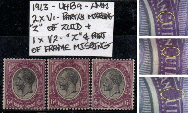 1913 Union KGV Definitive 3 x 6d-singles with listed varieties in LMM-condition
