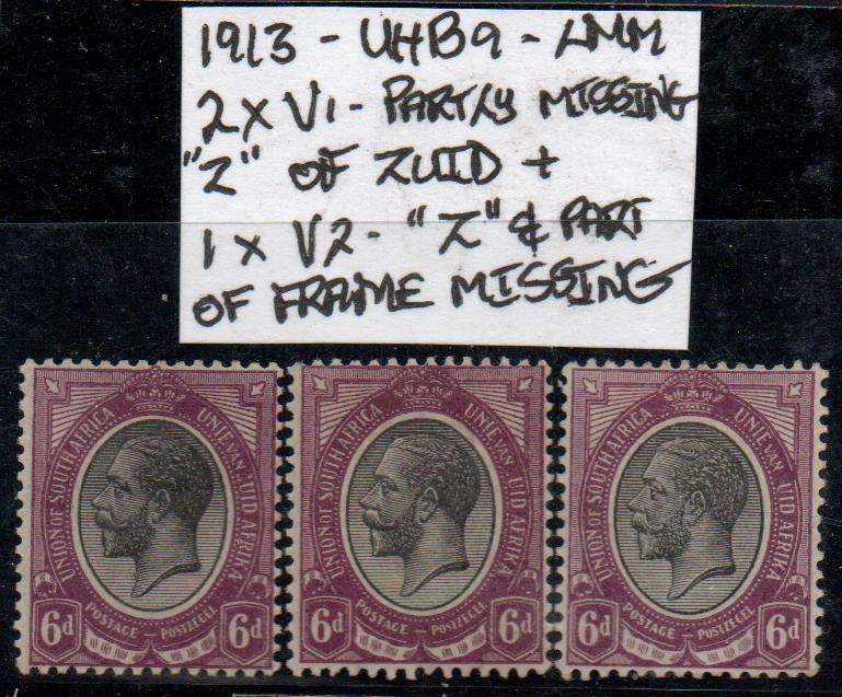 1913 Union KGV Definitive 3 x 6d-singles with listed varieties in LMM-condition