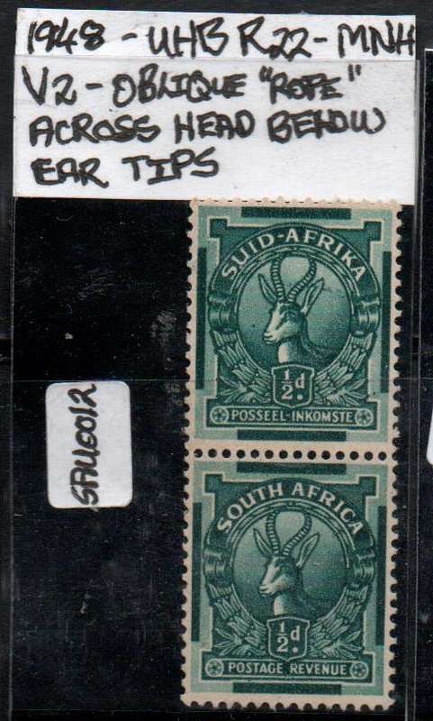 1948 Union Mono-coloured Coil 1/2d-pair with listed variety in MNH-condition