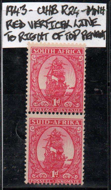 1943 Union Mono-coloured Coil 1d-pair with variety in MNH-condition