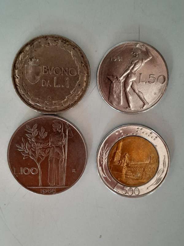 ITALIAN LIRA COINS - 1 Lira, 50 Lira, 100 Lira and 500 Lira.