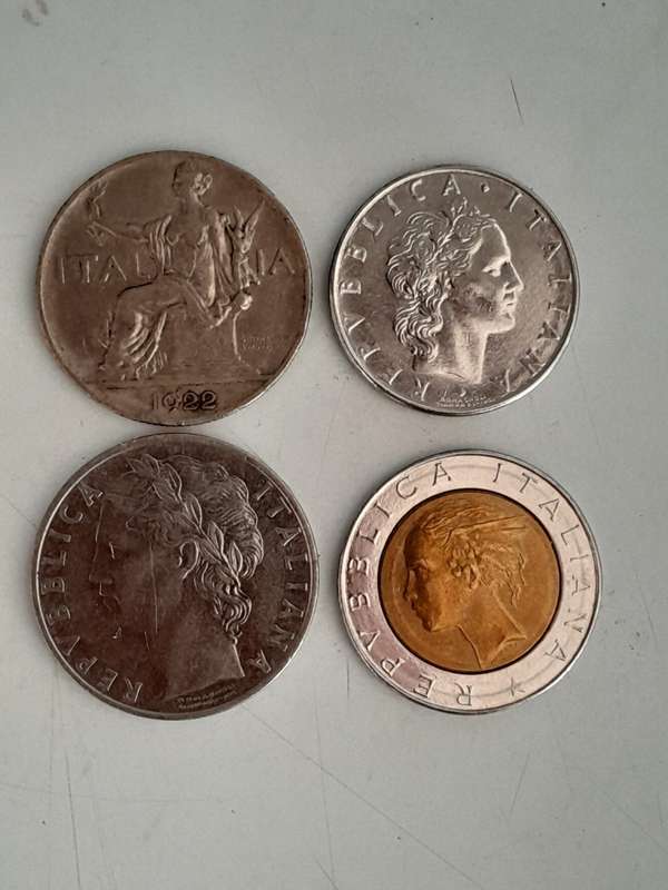ITALIAN LIRA COINS - 1 Lira, 50 Lira, 100 Lira and 500 Lira.