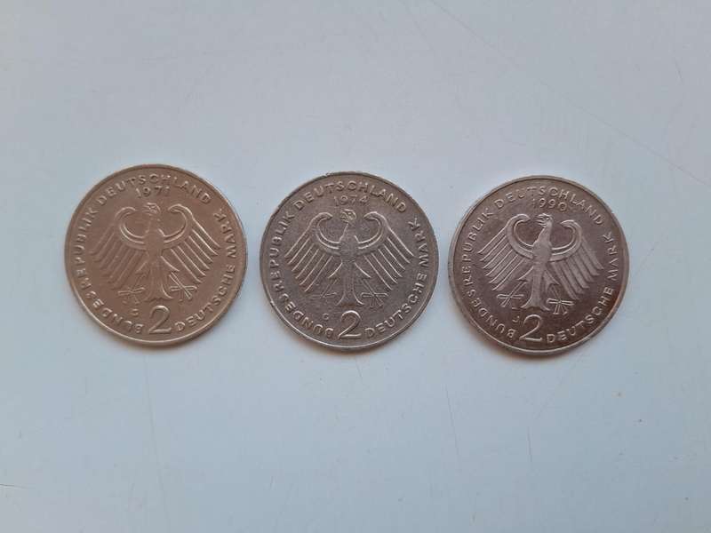2 Deutsche Mark Coins - 1971, 1974 and 1990. (3 Coins)