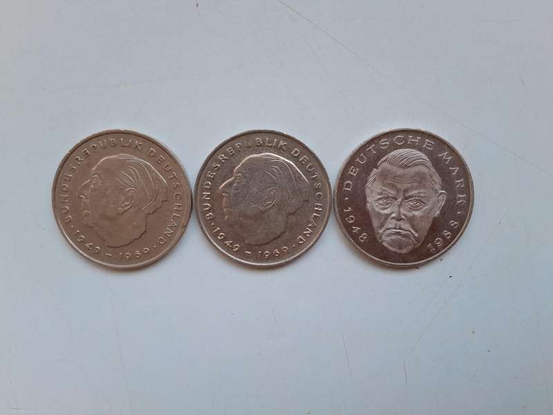 2 Deutsche Mark Coins - 1971, 1974 and 1990. (3 Coins)