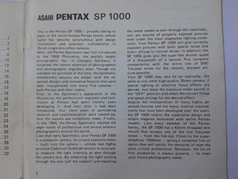 ASAHI PENTAX - Complete System of Photography and SP1000 Camera owners manual.