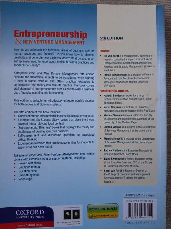 Entrepreneurship & New Venture Management - 5th Edition - OXFORD UNUVERSITY PRESS.