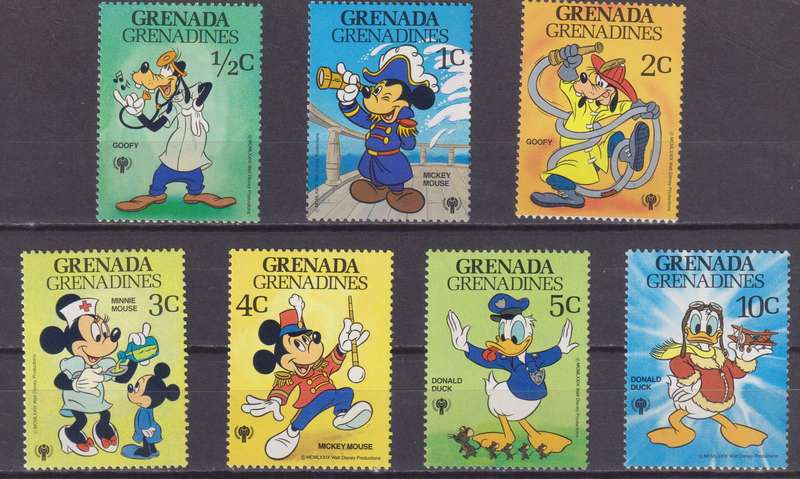 7 DISNEY STAMPS - DISNEY CHARACTERS - INTERNATIONAL YEAR OF THE CHILD 1979 - GRENADA GRENADINES