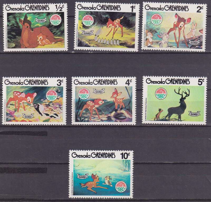 7 DISNEY STAMPS - BAMBI - CHRISTMAS 1980- GRENADA GRENADINES