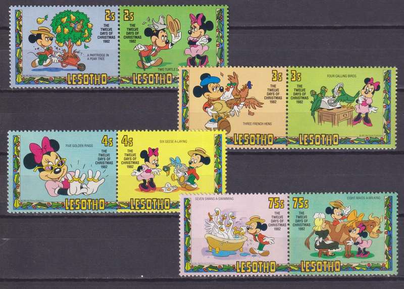 8 DISNEY STAMPS - MICKEY & MINNIE - CHRISTMAS 1982 - LESOTHO