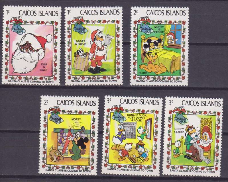 6 DISNEY STAMPS - SANTA CLAUS IS COMING TO TOWN - CHRISTMAS 1983 - CAICOS ISLANDS