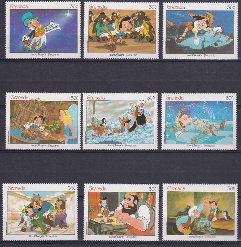 9 DISNEY STAMPS - PINOCCIO - GRENADA