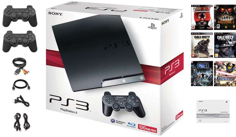 Sony PlayStation 3 Slim 120GB Console + 2 New Controllers + 6 Games (PS3)
