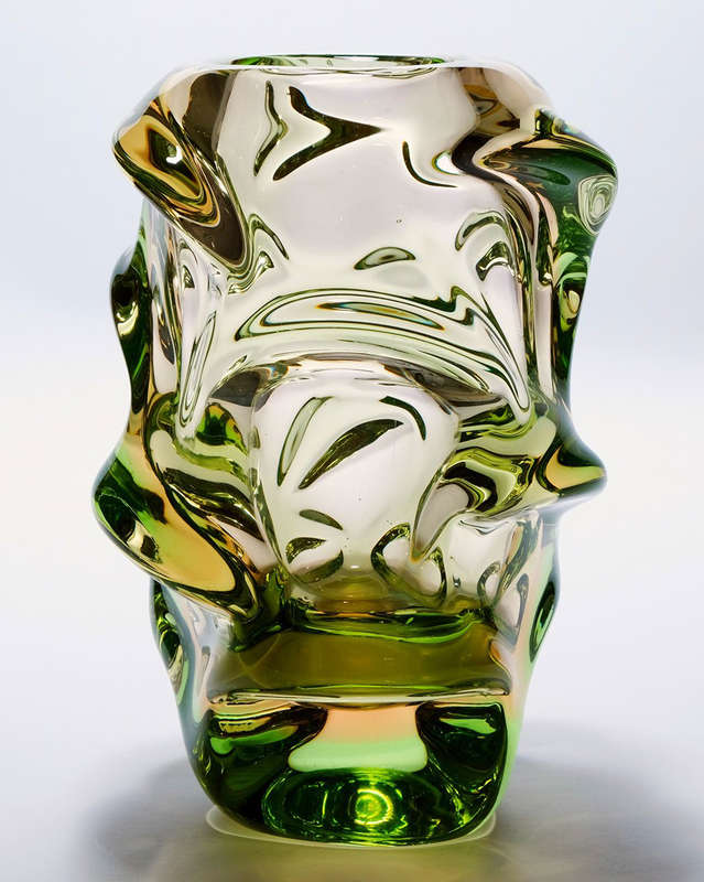 HALLMARK DESIGN: HEAVY SKRDLOVICE PALE AMBER & GREEN `ATLAS` VASE, DESIGNED BY JAN KOTIK