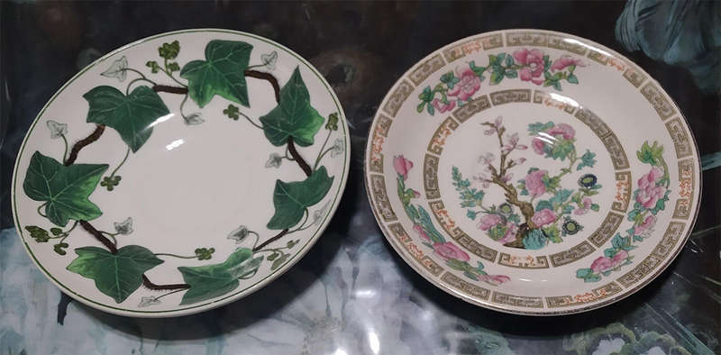 2 Saucers - Wedgwood "Napoleon Ivy" & Morley Ware "Indian Tree"