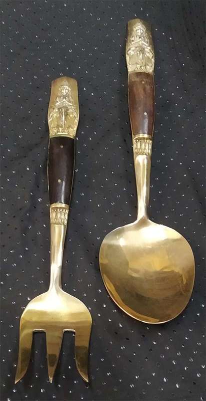 Vintage Nickel Bronze Serving Spoon & Fork with Wooden Handles - Thailand