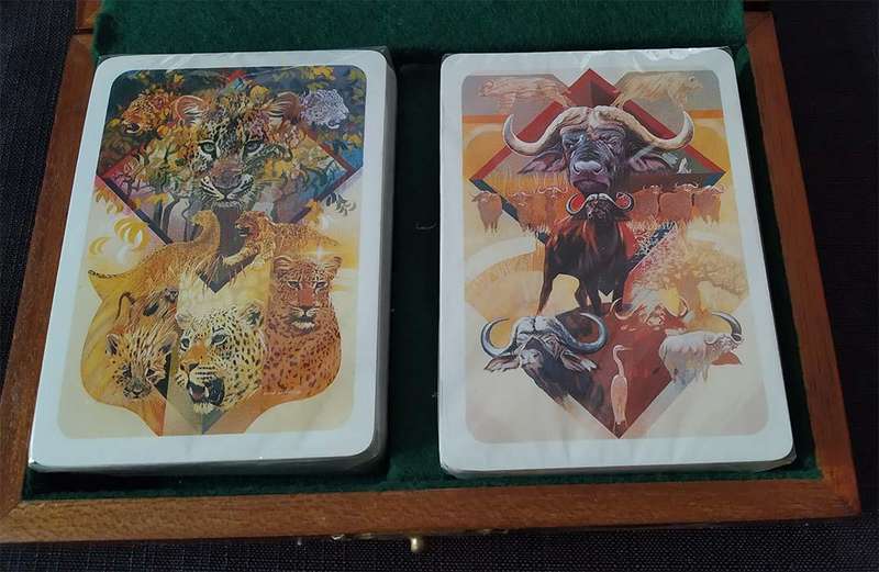 2 Unopened Packs of Wildlife Playing Cards in Wooden Box with Felt Interior