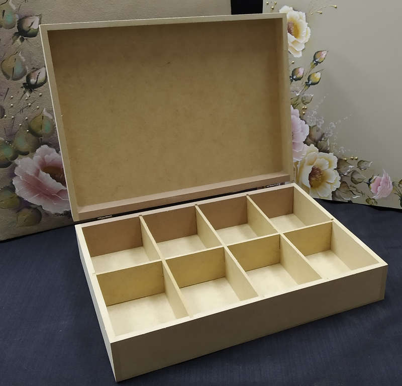 Raw MDF Large Tea Box with Metal Hinges - 8 Division