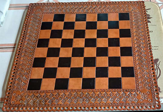 Vintage Handmade & Tooled Solid Leather Chess Board