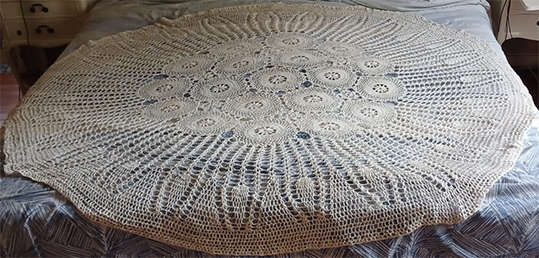 Vintage Hand Crocheted Round Cream Tablecloth - Size 1.9m Diameter