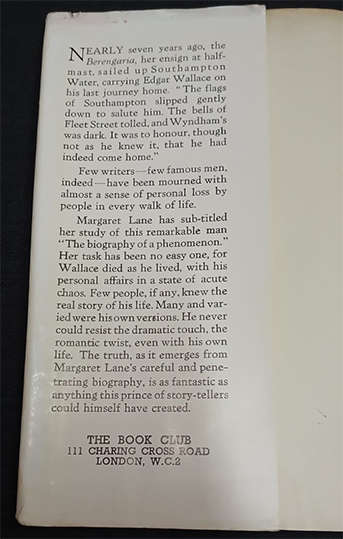 Edgar Wallace Biography by Margaret Lane (1st Edition)