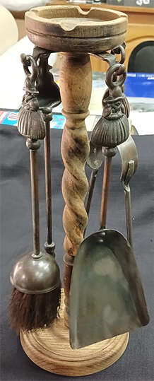 Old Metal / Copper Fireplace Tool Set with Barley Twist Wooden Stand and Tool Rest