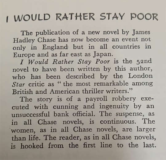 I Would Rather Stay Poor by James Hadley Chase (1st Edition)