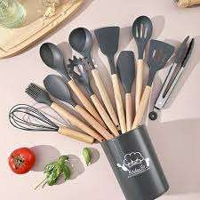 12 Piece  Silicone Non-Stick silicon & Wooden utensil set Grey