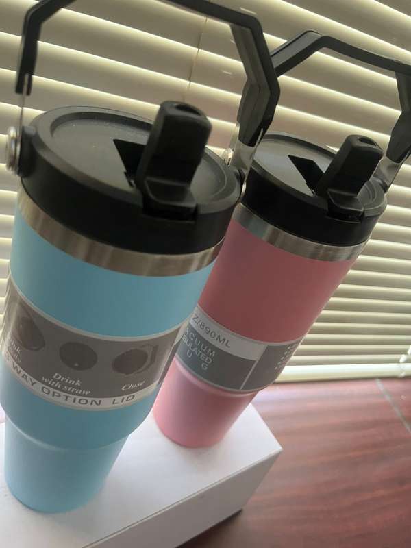 0.89L Stainless Steel Tumblers with Straw, Vacuum Insulated Water Bottle combo x2 *pink & blue set*