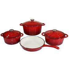 Authentic 7 Piece Cast Iron Dutch Oven Cookware Pot Set - RED