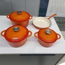 Authentic 7 Piece Cast Iron Dutch Oven Cookware Pot Set  - Orange ombre