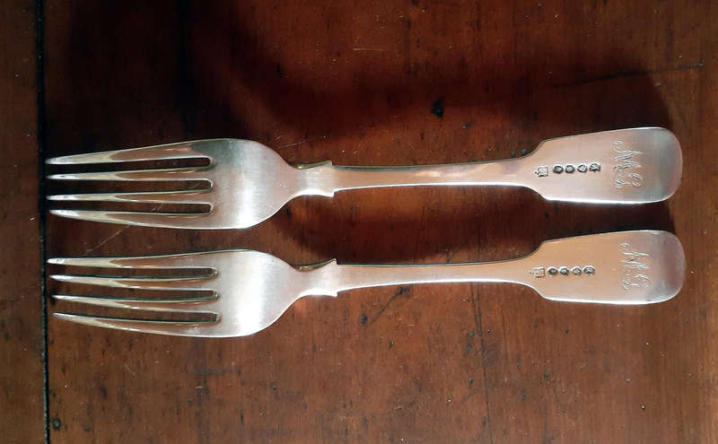 2 Large Antique English Silver Forks. Full Hallmarks. London 1837. John & Henry Lias. 159 grams