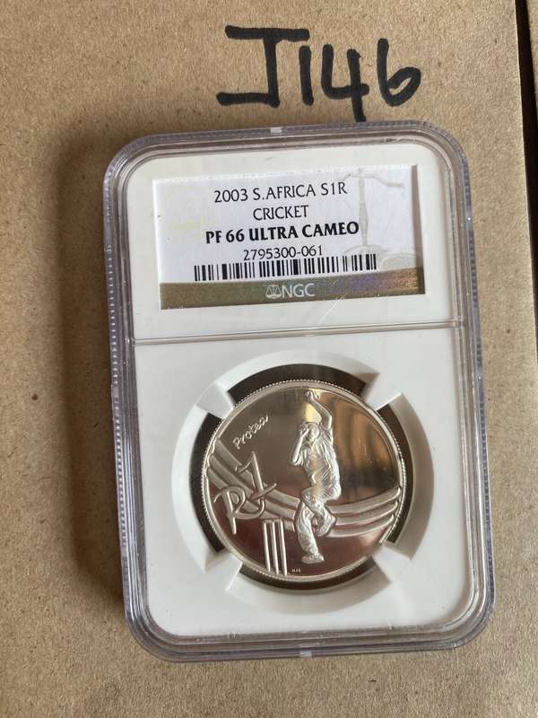 Beautiful and excellent NGC graded coin - 2003 South Africa Silver proof R1  - CRICKET - PF 66 UC