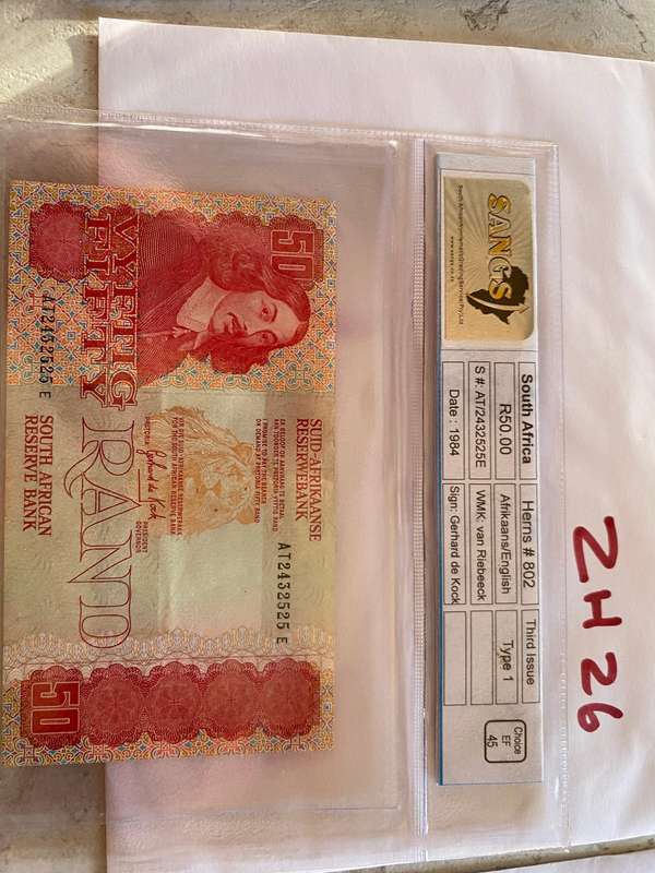 1984 South Africa R50.00 banknote Afrikaans and English. van Riebee - Gerhard deKock - EF 45