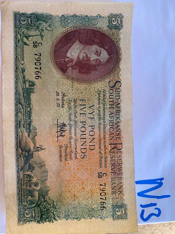 GREAT CONDITION - 23/05/1957 Five Pound South African Bank Note - Note to be missed