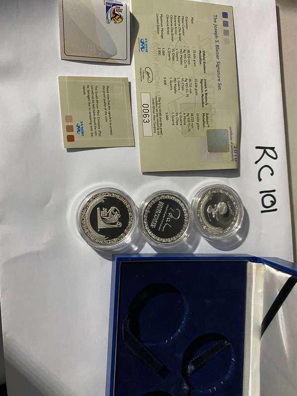 S Africa 3x coin Silver proof R2 set with cert - Soccer - Not seen on auction Joseph S Blatter set