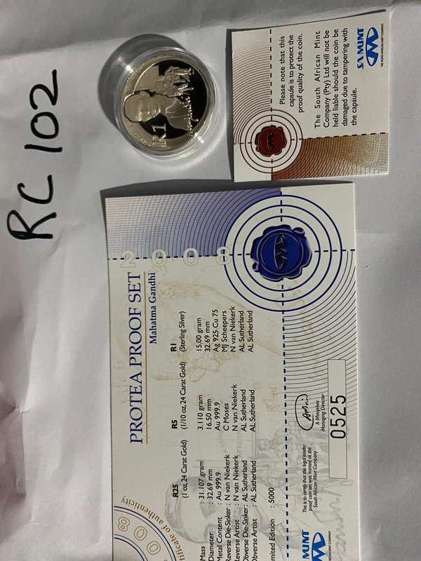 2008 South Africa Proof Silver proof R1 - Protea Series, Ghandi - in SAM box with certificate